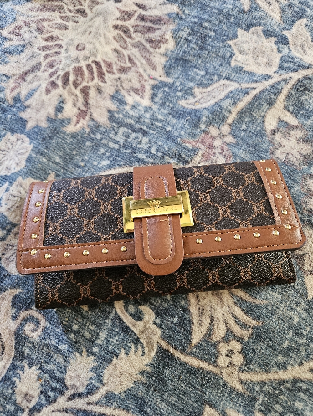 Brown Monogram Studded Wallet with Gold-Tone Accent